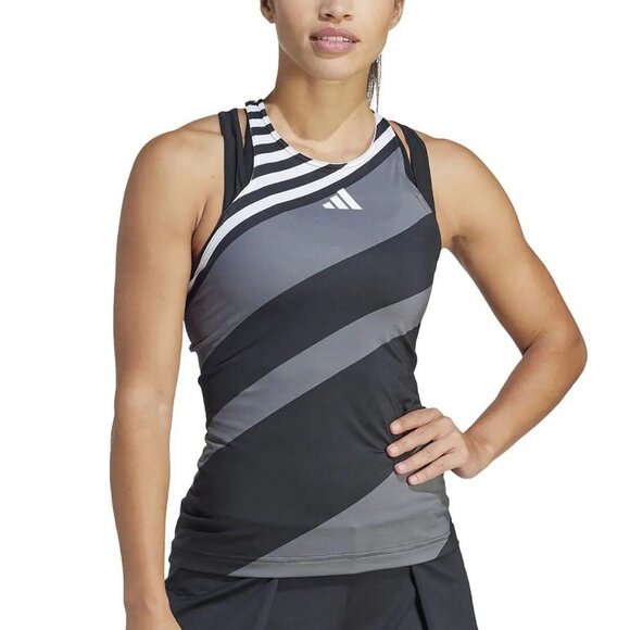 Adidas Sz Small Aeroready Pro Women's Tennis Y-Tank Top Black Gray White Stripe - Picture 1 of 16